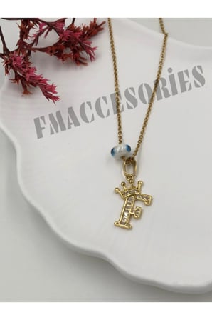 Çelik Kadın Kolye  F Harfli Çelik Kolye 14K Gold Renk Kral-Kraliçe Taçlı 45Cm Antialerjik 316L Kararmaz Kolye
