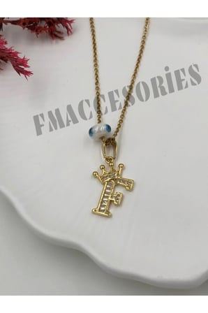 Çelik Kadın Kolye  F Harfli Çelik Kolye 14K Gold Renk Kral-Kraliçe Taçlı 45Cm Antialerjik 316L Kararmaz Kolye