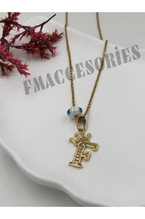 Çelik Kadın Kolye  F Harfli Çelik Kolye 14K Gold Renk Kral-Kraliçe Taçlı 45Cm Antialerjik 316L Kararmaz Kolye