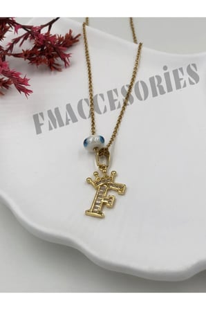Çelik Kadın Kolye  F Harfli Çelik Kolye 14K Gold Renk Kral-Kraliçe Taçlı 45Cm Antialerjik 316L Kararmaz Kolye