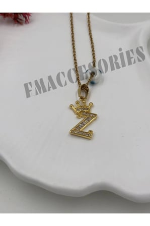 Çelik Kadın Kolye  Z Harfli Çelik Kolye 14K Gold Renk Kral-Kraliçe Taçlı 45Cm Antialerjik 316L Kararmaz Kolye