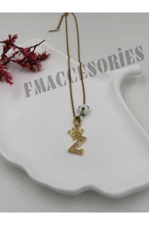 Çelik Kadın Kolye  Z Harfli Çelik Kolye 14K Gold Renk Kral-Kraliçe Taçlı 45Cm Antialerjik 316L Kararmaz Kolye