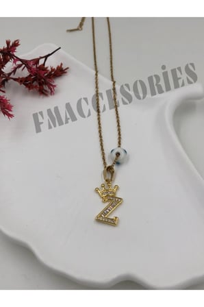 Çelik Kadın Kolye  Z Harfli Çelik Kolye 14K Gold Renk Kral-Kraliçe Taçlı 45Cm Antialerjik 316L Kararmaz Kolye