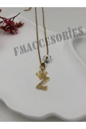 Çelik Kadın Kolye  Z Harfli Çelik Kolye 14K Gold Renk Kral-Kraliçe Taçlı 45Cm Antialerjik 316L Kararmaz Kolye