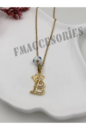 Çelik Kadın Kolye  B Harfli Çelik Kolye 14K Gold Renk Kral-Kraliçe Taçlı 45Cm Antialerjik 316L Kararmaz Kolye