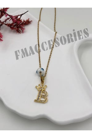 Çelik Kadın Kolye  B Harfli Çelik Kolye 14K Gold Renk Kral-Kraliçe Taçlı 45Cm Antialerjik 316L Kararmaz Kolye