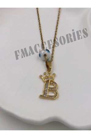Çelik Kadın Kolye  B Harfli Çelik Kolye 14K Gold Renk Kral-Kraliçe Taçlı 45Cm Antialerjik 316L Kararmaz Kolye