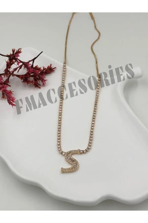 Çelik Kadın Kolye  S Harfli Çelik Kolye 14 K Gold Renk Su Yolu Taşlı Zincirli 45 Cm Antialerjik 316L Kararmaz Kolye