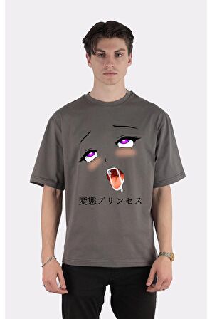 Unisex Siyah Oversize T-shirt Ahegao Princess