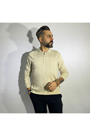 Çizgi Desenli Fermuarlı Polo Yaka Erkek Triko