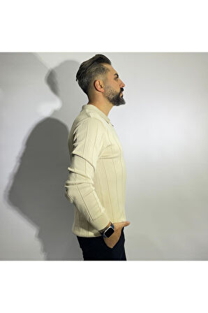 Çizgi Desenli Fermuarlı Polo Yaka Erkek Triko