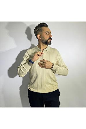 Çizgi Desenli Fermuarlı Polo Yaka Erkek Triko