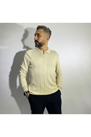 Çizgi Desenli Fermuarlı Polo Yaka Erkek Triko