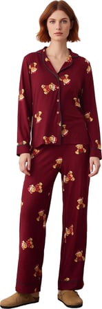 Kadın Ayıcıklı Pijama Takımı Gömlek Yaka Uzun Kollu Fonksiyonel Dayanıklı Kaliteli Estetik
