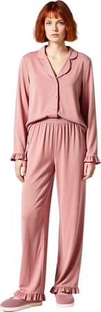 Kadın Volanlı Gömlek Yaka Pijama Takımı Fonksiyonel Dayanıklı Kaliteli Konforlu Estetik Şık