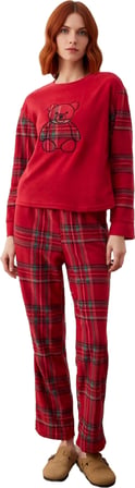 Kadin Kirmizi Polar Pijama Takımı Ekose Desenli Fonksiyonel Dayanıklı Kaliteli Konforlu Şık