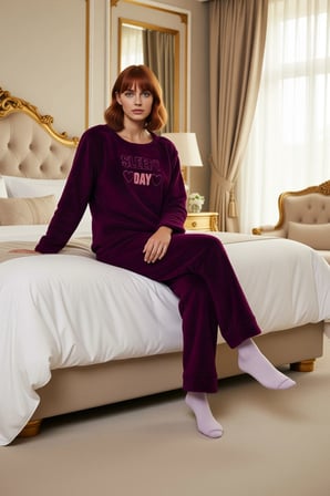 Kadın Mürdüm Kalpli Sloganlı Wellsoft Pijama Fonksiyonel Dayanıklı Kaliteli Konforlu Rahat