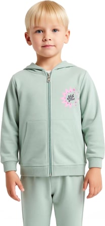 Kız Çocuk Sloganlı Fermuarlı Sweatshirt ve Eşofman Altı Kombinasyonu Kaliteli Şık Rahat