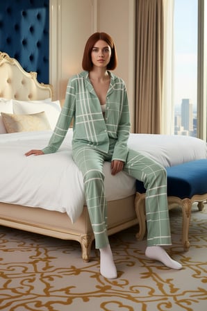 Kadin Ayicik Desenli Ekose Pijama Takımı Gömlek Yaka Fonksiyonel Dayanıklı Kaliteli Modern