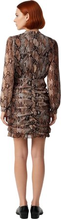 Kadın Şık Gece Animal Desenli Bodycon Mini Elbise Uzun Balon Kollu Choker Yaka Şifon Detaylı