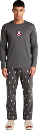 Erkek Antrasit Penguen Desenli Pijama Takımı Fonksiyonel Dayanıklı Kaliteli Konforlu Rahat