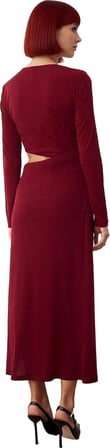 Kadın Bordo Bodycon Maxi Elbise Aksesuar Detaylı Bisiklet Yaka Uzun Kollu Özel Davet Şıklığı