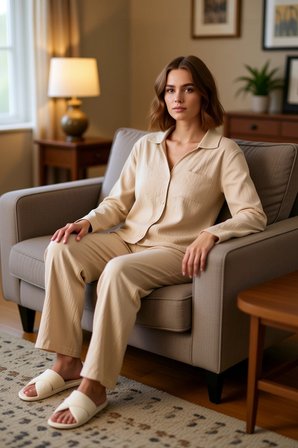 Kadın Crinkle Dokulu Uzun Kollu Pijama Takımı Fonksiyonel Dayanıklı Kaliteli Konforlu Spor