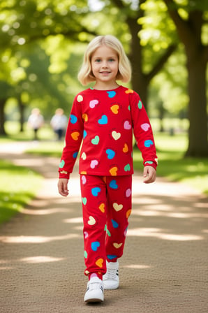 Kız Çocuk Pamuk Polyester Örme Kalp Desenli Pijama Takımı Kaliteli Şık Rahat  Günlük
