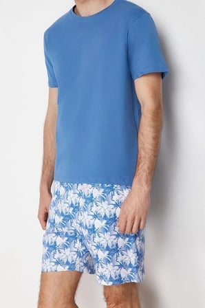 Erkek %100 Pamuk Bisiklet Yaka Kısa Kol Regular Fit Palmiye Baskılı Şortlu Pijama Takımı