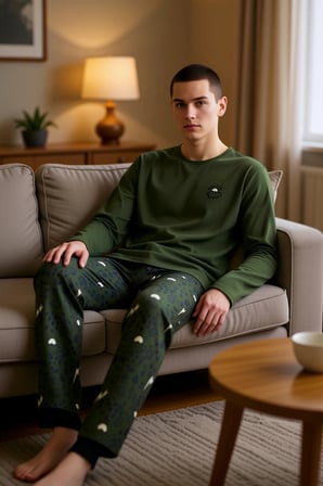 Erkek Haki Nakışlı Galaksi Desenli Pijama Takımı Fonksiyonel Dayanıklı Kaliteli Konforlu Şık