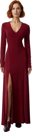 Kadın Düz Desen V Yaka Uzun Kol Maxi Boy Bodycon Örme Elbise Gündüzden Geceye Şık Görünüm Kaliteli