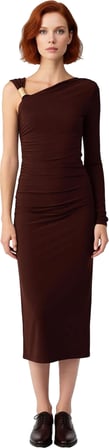 Kadın Özel Davetler İçin Zarif Bodycon Midi Asimetrik Tek Uzun Kollu Örme Elbise Aksesuar Detaylı