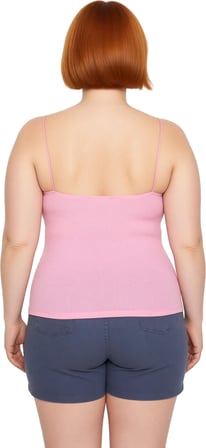 Moda Büyük Beden Kare Yaka Örme Fit Düz Desen Casual Günlük Crop Askılı Kol Bluz