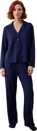 Kadın Füme Dokulu Fitilli Gömlek Yaka Pijama Takımı Fonksiyonel Dayanıklı Kaliteli Estetik