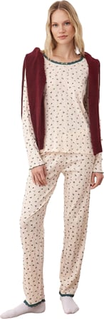 Kadın Çiçekli Pijama Takımı Bisiklet Yaka Fonksiyonel Dayanıklı Kaliteli Konforlu Estetik Şık
