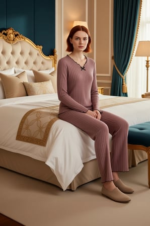 Kadın Fitilli Örme Pijama Takımı V Yaka Uzun Kollu Fonksiyonel Dayanıklı Kaliteli Konforlu