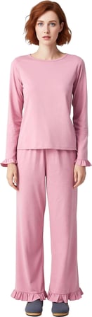 Kadın Fırfırlı Bisiklet Yaka Uzun Kollu Pijama Takımı Fonksiyonel Dayanıklı Kaliteli Rahat