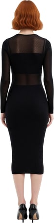 Kadın Şık Siyah Triko Midi Elbise Bodycon Kalıp Uzun Kollu Bisiklet Yaka Transparan Vurgulu Sonbahar