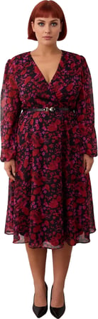 Kadın Şık V Yaka Kruvaze Çiçekli Midi Elbise Dokuma Balon Kol Polyester Kemerli İlkbahar Sonbahar