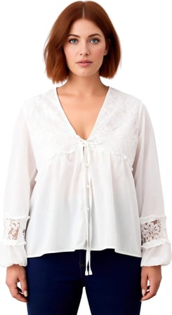 Büyük Beden Kadın V Yaka Balon Kol Dantel Detaylı Dokuma Bluz Kaliteli Şık Rahat Modern Zarif