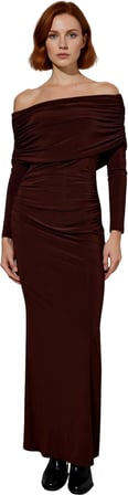 Kadın Carmen Yaka Bodycon Kesim Kahverengi Büzgülü Maxi Elbise Kış Akşamları İçin Kaliteli