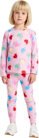 Kız Çocuk Pamuk Polyester Örme Kalp Desenli Pijama Takımı Kaliteli Şık Rahat  Günlük