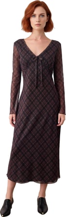 Kadın Bağlama Detaylı Ekose Desenli Maxi Elbise Bodycon V Yaka Uzun Kollu Tül Örme Kışlık Stil