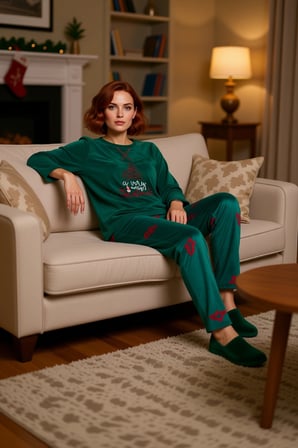 Kadin Polar Yesil Yılbaşı Baskılı Pijama Seti Fonksiyonel Dayanıklı Kaliteli Konforlu Spor
