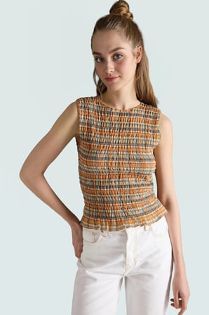 Regular Kolsuz Fitted Bluz Ekose Desenli Polyester Esnek Örme Kumaş Trend Tasarım Özenle Seçilmiş