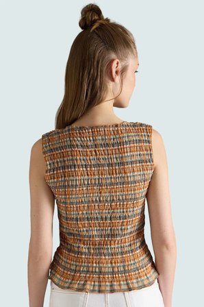 Regular Kolsuz Fitted Bluz Ekose Desenli Polyester Esnek Örme Kumaş Trend Tasarım Özenle Seçilmiş