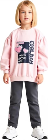 Kız Çocuk Pamuklu Sweatshirt ve Tayt Kalp ve Slogan Detaylı Kaliteli Şık Rahat