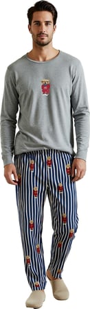 Erkek Ayıcıklı Çizgili Pijama Takımı Bisiklet Yaka Fonksiyonel Dayanıklı Kaliteli Konforlu