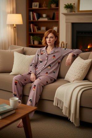 Kadın Uzun Kollu Ayıcık Desenli Pijama Takımı Fonksiyonel Dayanıklı Kaliteli Konforlu Spor