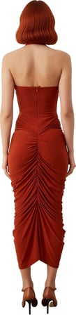 Kadın Midi Boyundan Bağlamalı Elbise Düz Bodycon Kesim Kolsuz Büzgülü Şık Örme Sandy Stili